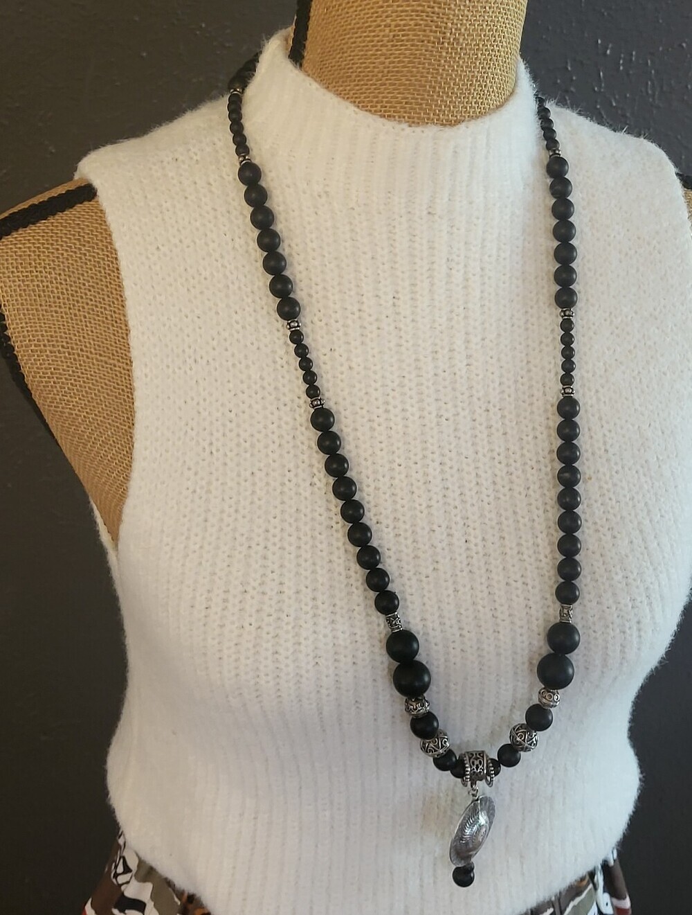 Black Matte Onyx Bead And Sterling Silver Bead/Pendant Statement Necklace